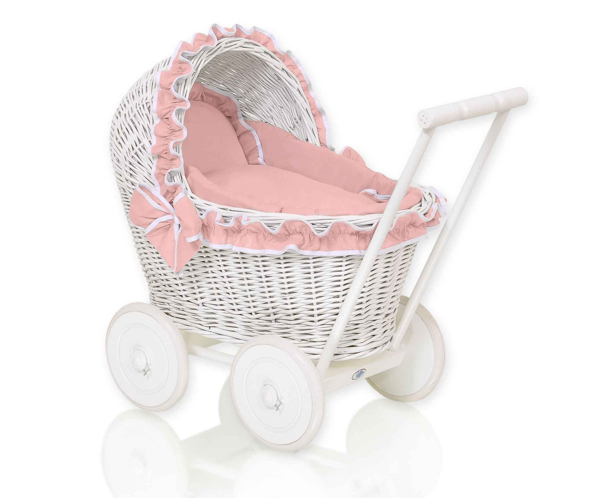 Wicker doll pushchairwhite  with bedding old rose and soft padding CHIARA