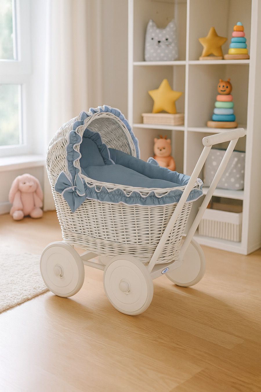Wicker doll pushchairwhite  with bedding dusty blue and soft padding CHIARA