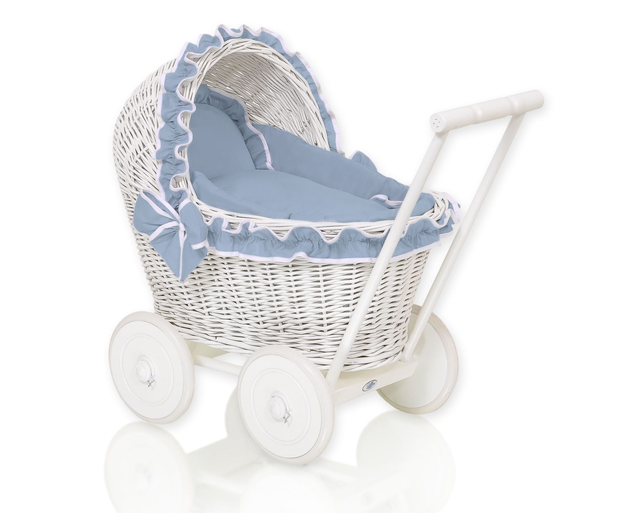 Wicker doll pushchairwhite  with bedding dusty blue and soft padding CHIARA