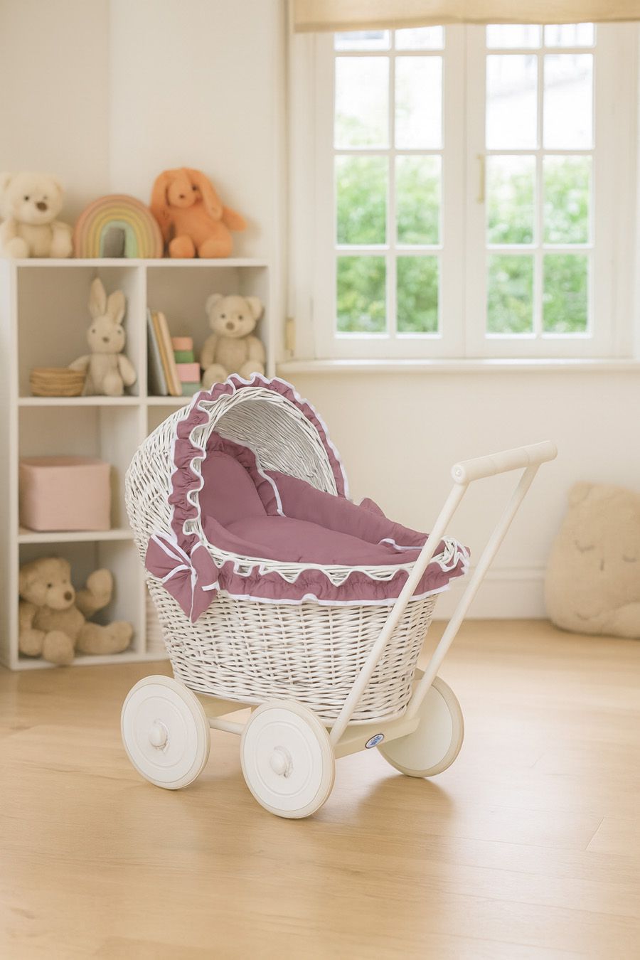 Wicker doll pushchairwhite  with bedding dusty rose and soft padding CHIARA