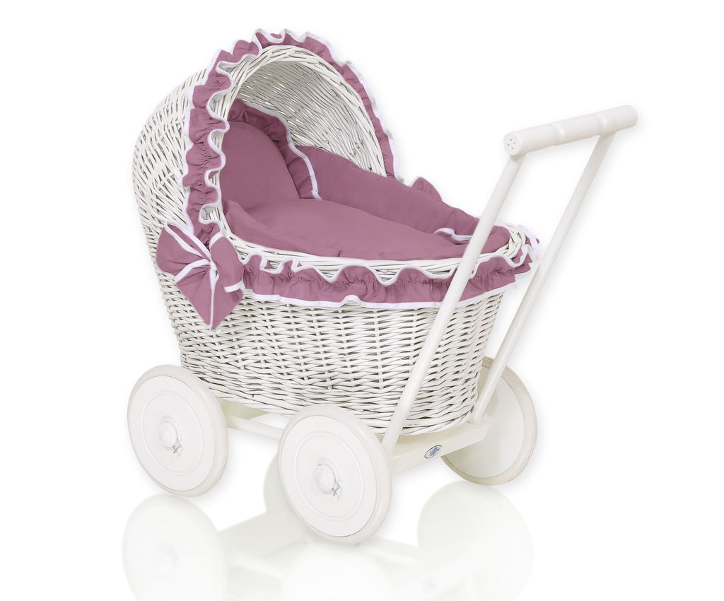 Wicker doll pushchairwhite  with bedding dusty rose and soft padding CHIARA