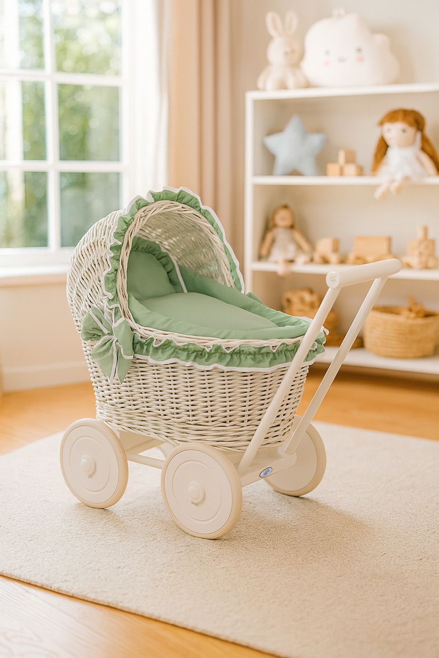Wicker doll pushchairwhite  with sage bedding and soft padding CHIARA