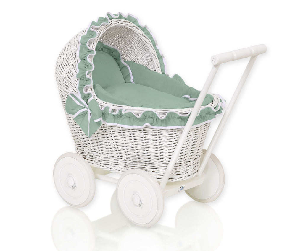 Wicker doll pushchairwhite  with sage bedding and soft padding CHIARA
