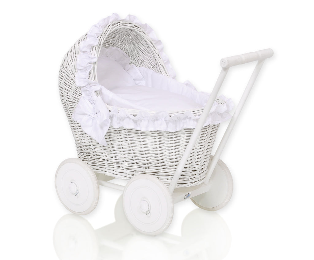 Wicker doll pushchair white with white bedding and soft padding CHIARA