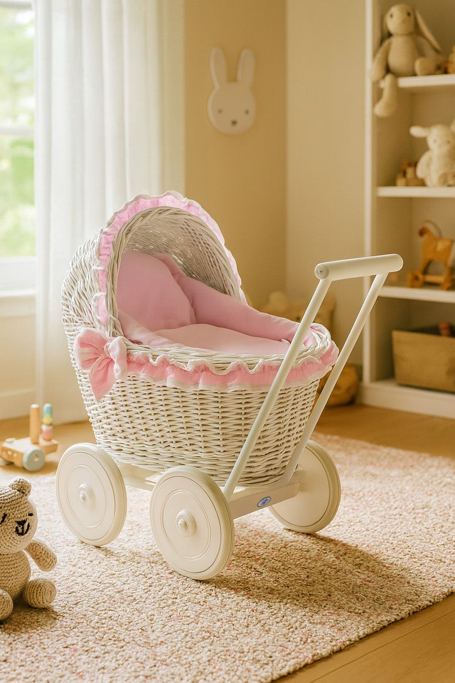Wicker doll pushchairwhite  with pink bedding and soft padding CHIARA