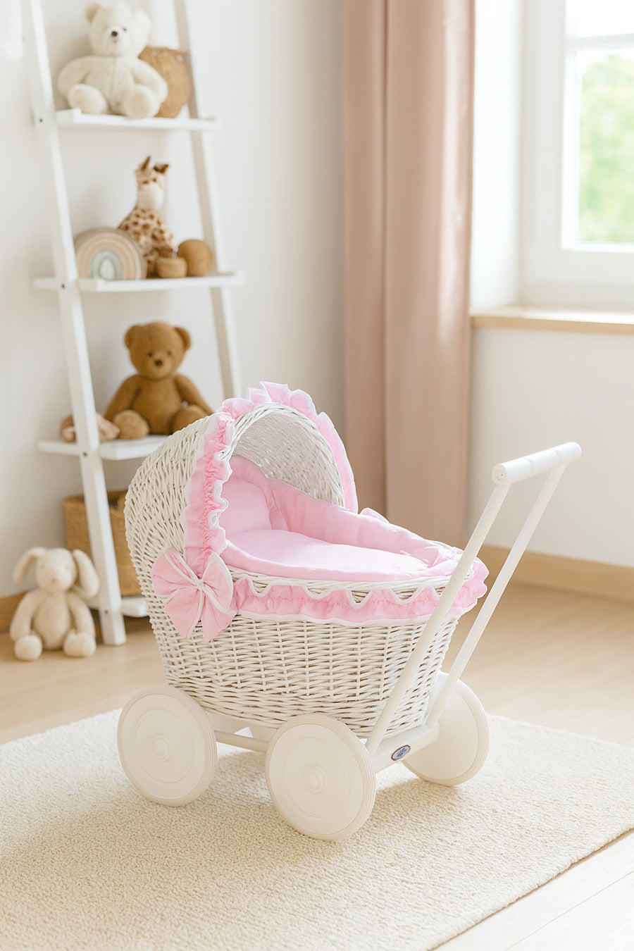 Wicker doll pushchairwhite  with pink bedding and soft padding CHIARA