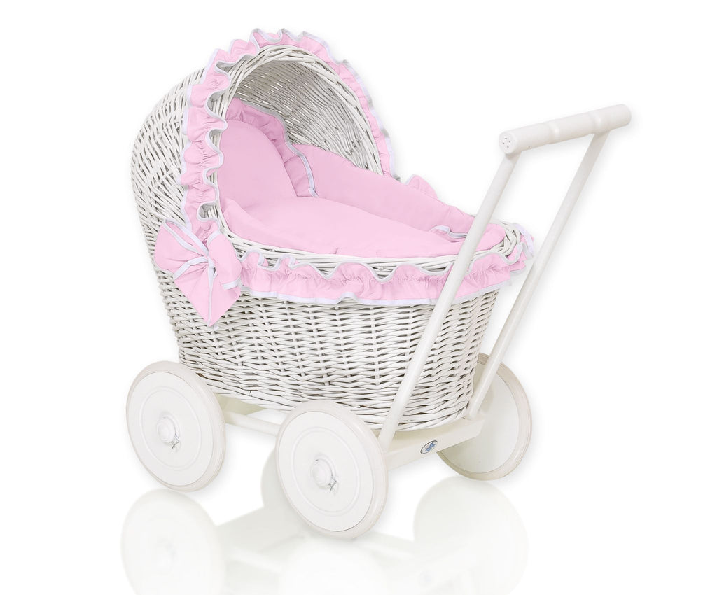 Wicker doll pushchairwhite  with pink bedding and soft padding CHIARA