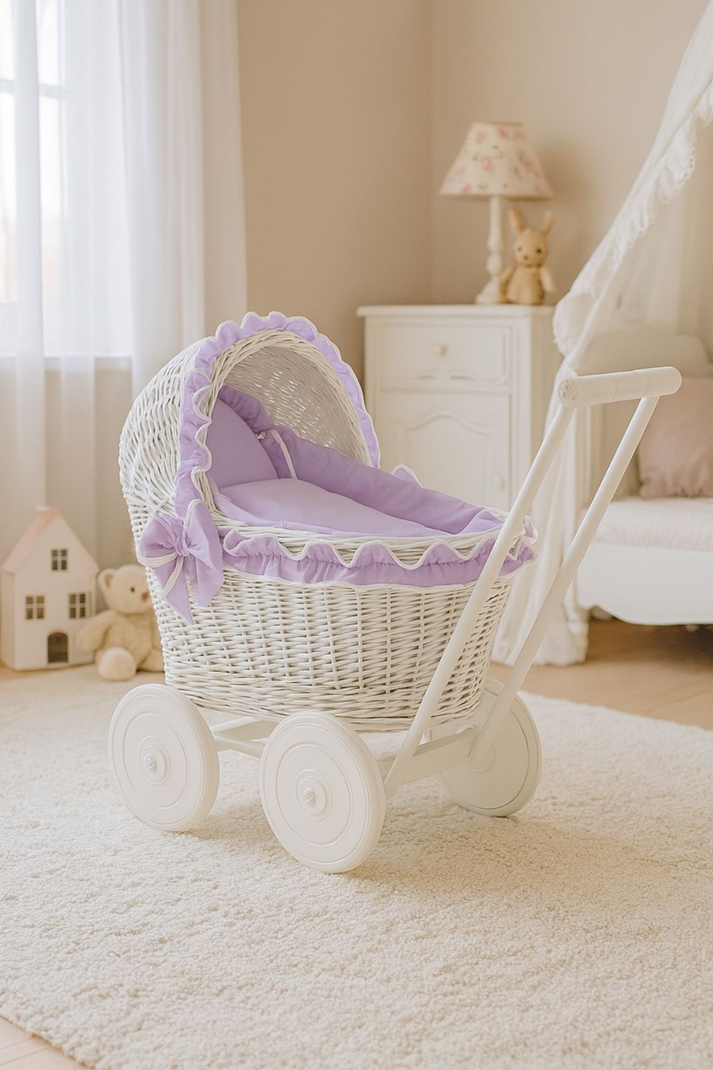 Wicker doll pushchairwhite  with lila bedding and soft padding CHIARA