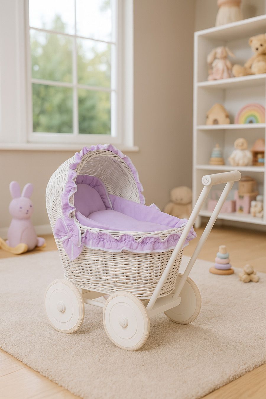 Wicker doll pushchairwhite  with lila bedding and soft padding CHIARA