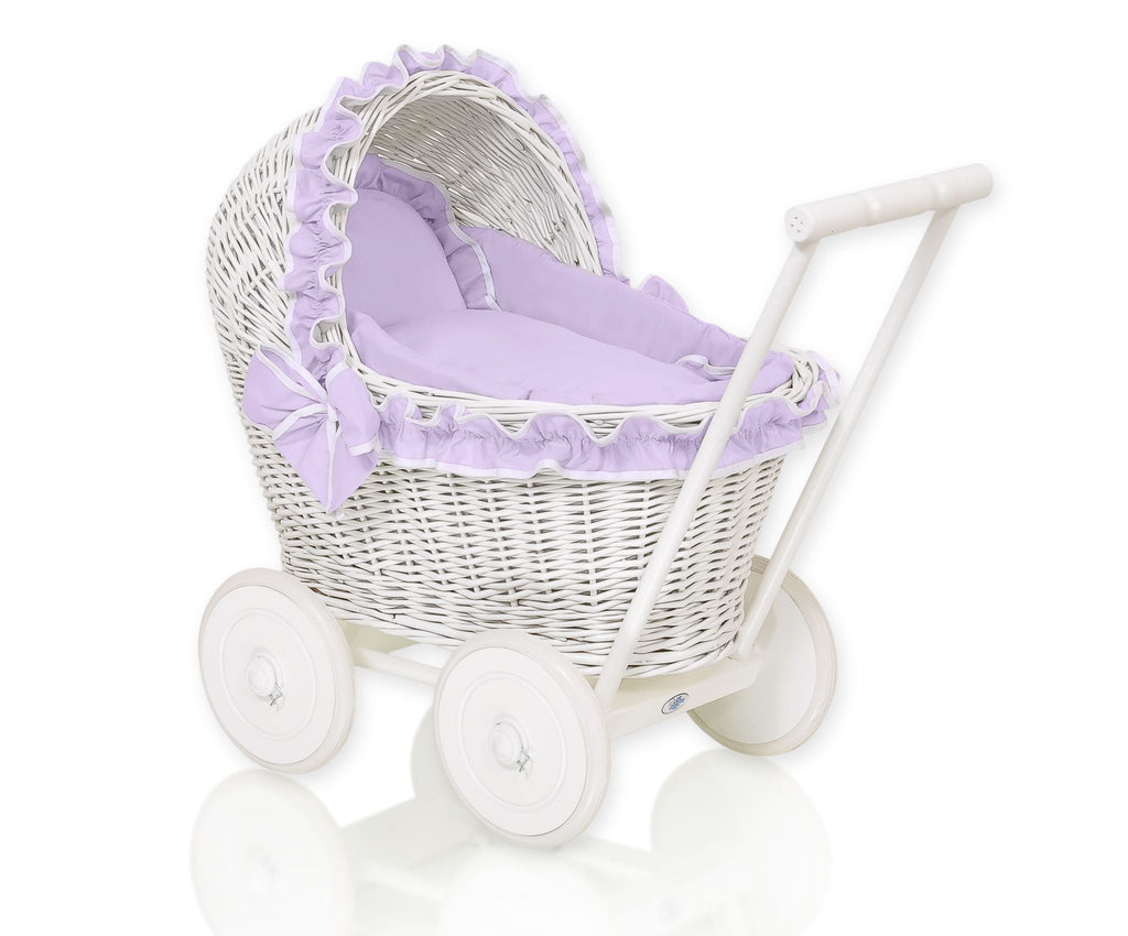 Wicker doll pushchairwhite  with lila bedding and soft padding CHIARA
