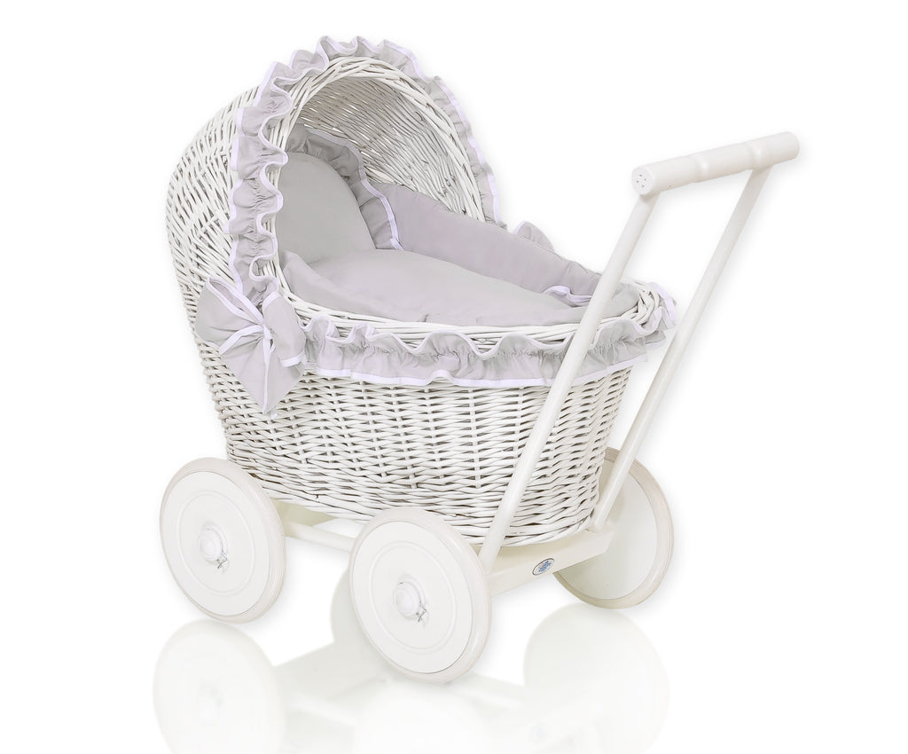 Wicker doll pushchairwhite  with grey bedding and soft padding CHIARA