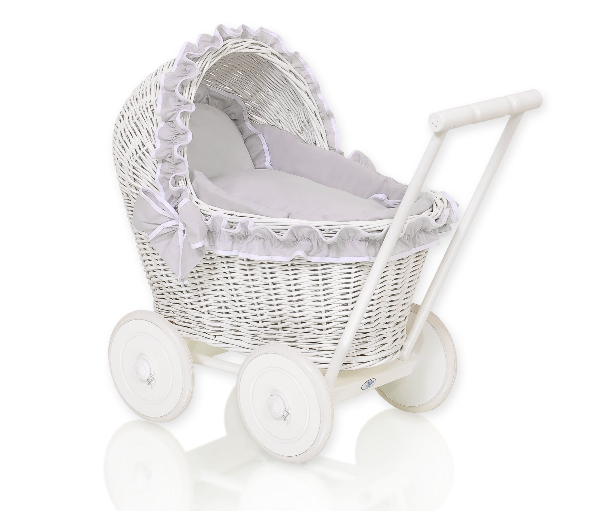Wicker doll pushchairwhite  with grey bedding and soft padding CHIARA