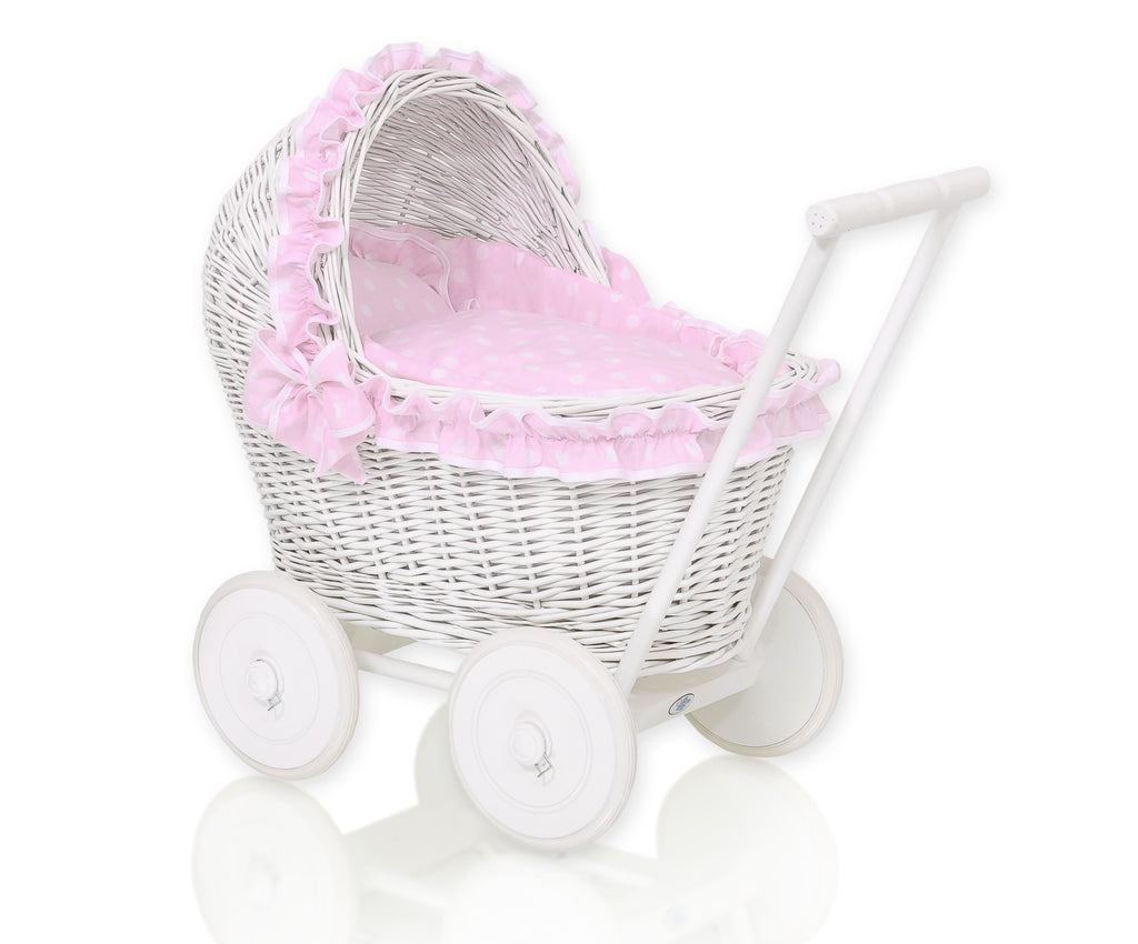 Wicker doll pushchair white with pink bedding and soft padding CHIARA