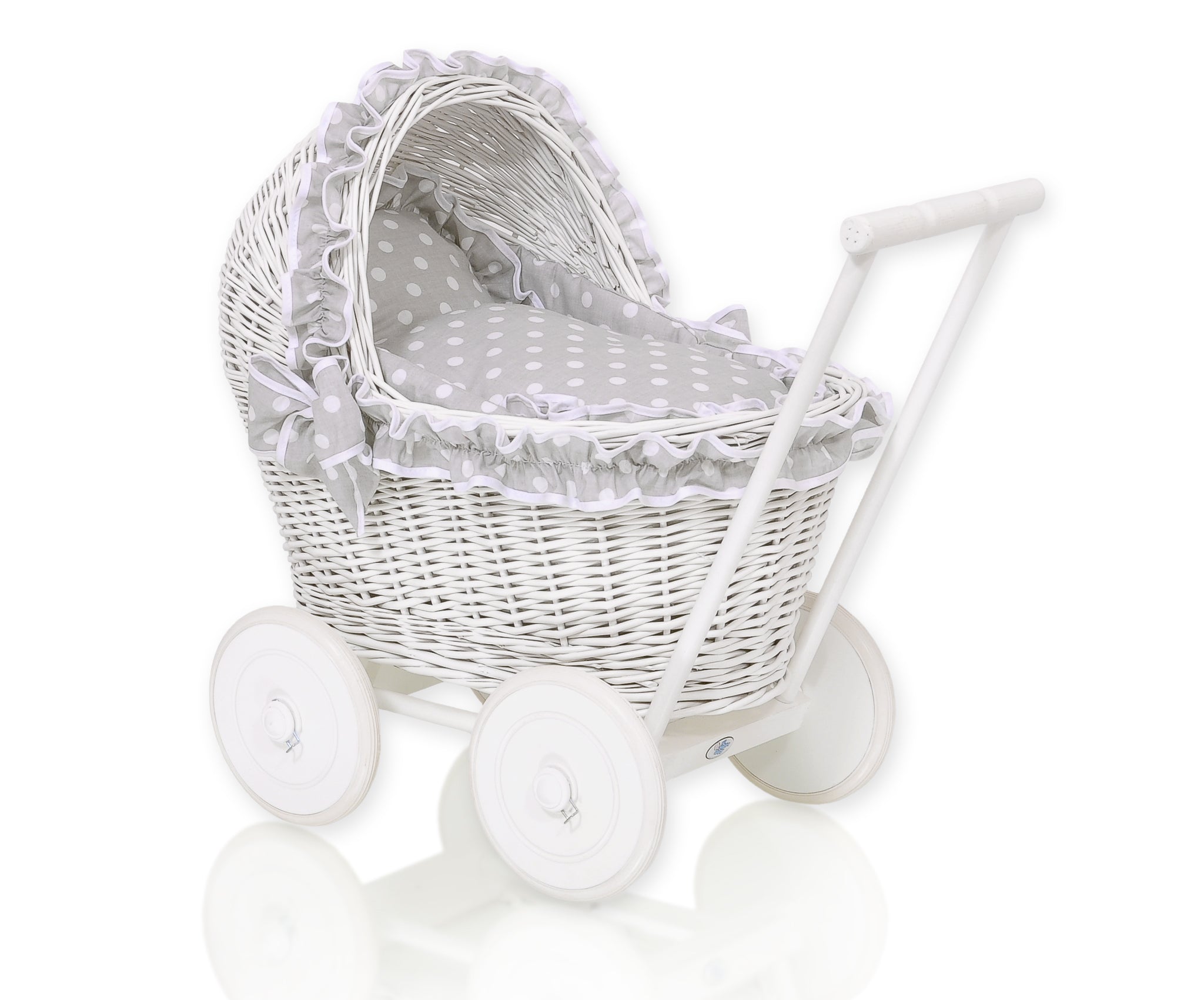 Wicker doll pushchair white with grey bedding and soft padding CHIARA