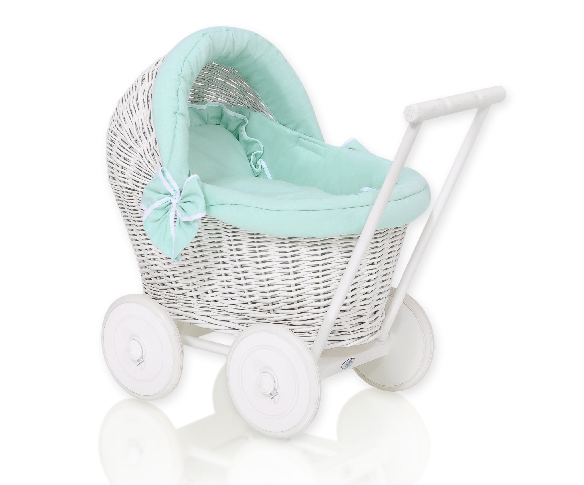 Wicker doll pushchair white with mint bedding and soft padding STELLA