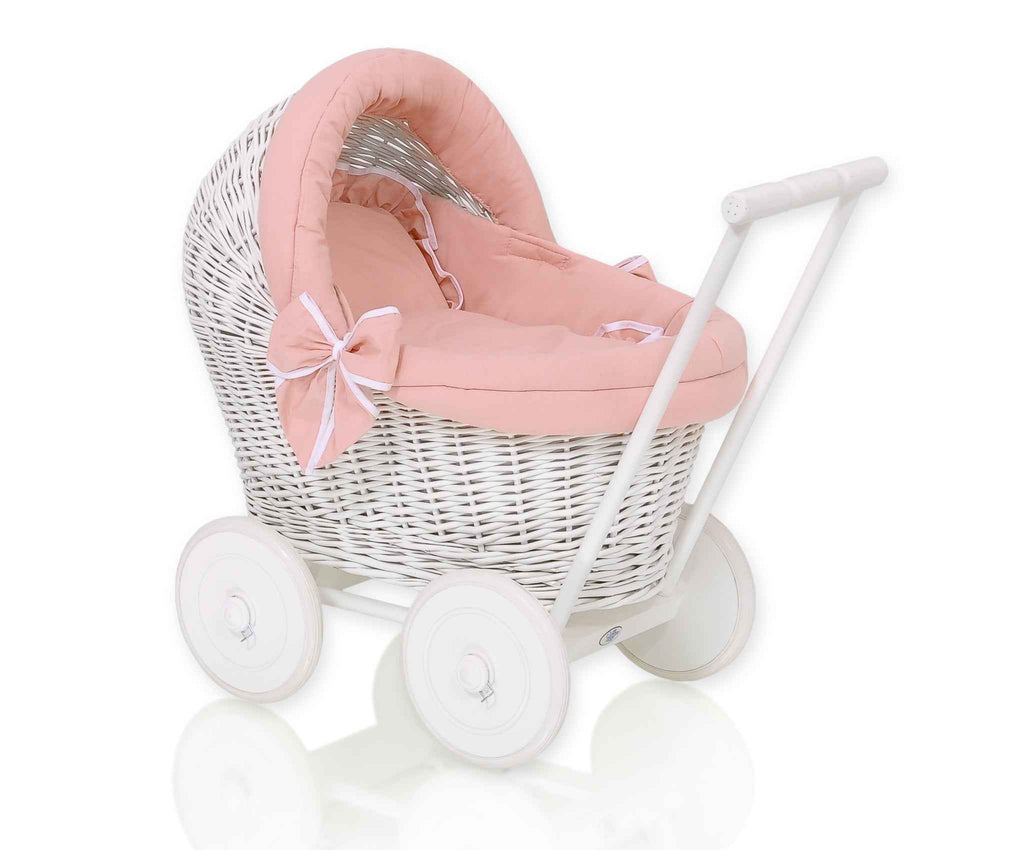 Wicker doll pushchair white with bedding and soft padding pastel pink STELLA