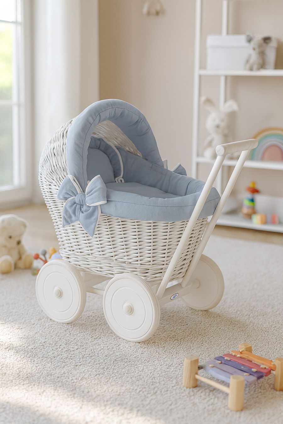 Wicker doll pushchair white with bedding dusty blue and soft padding STELLA