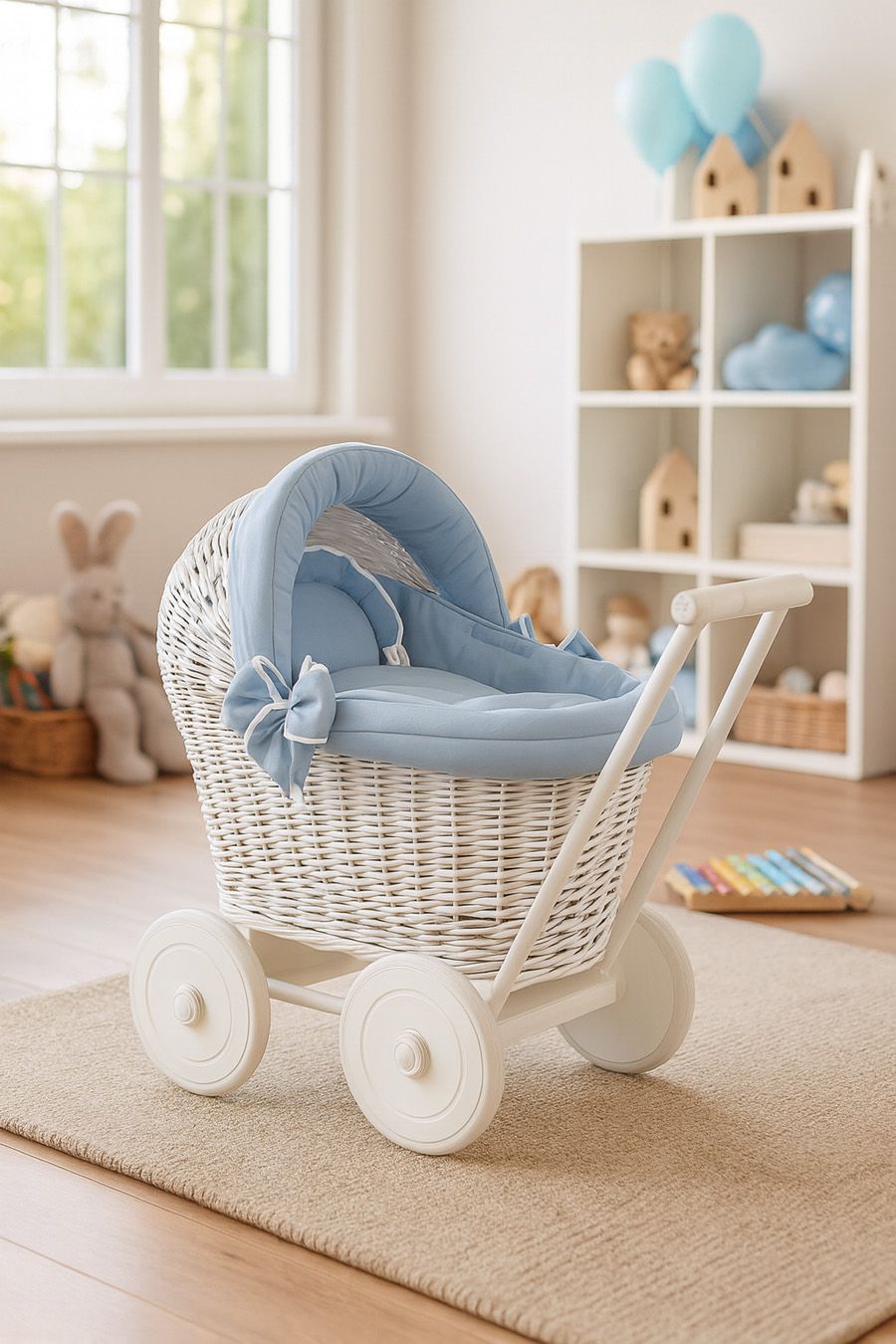 Wicker doll pushchair white with bedding dusty blue and soft padding STELLA