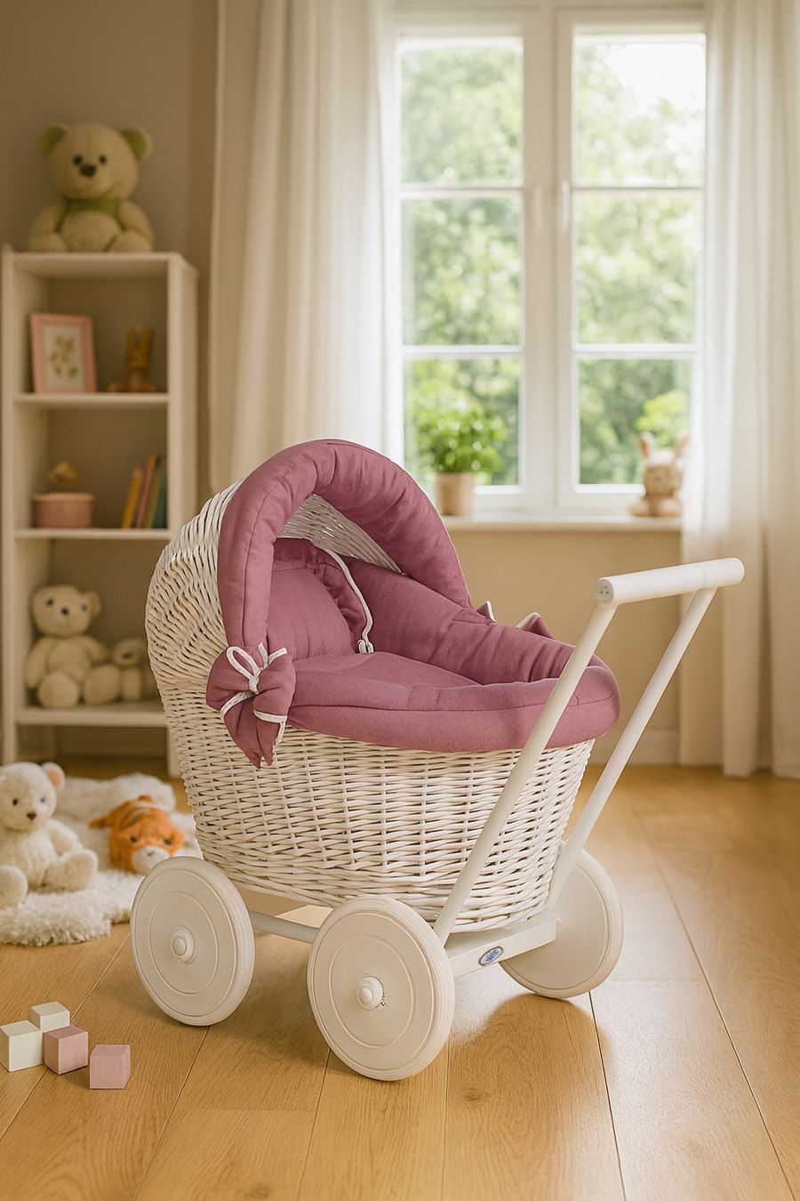 Wicker doll pushchair white with bedding dusty rose  and soft padding STELLA