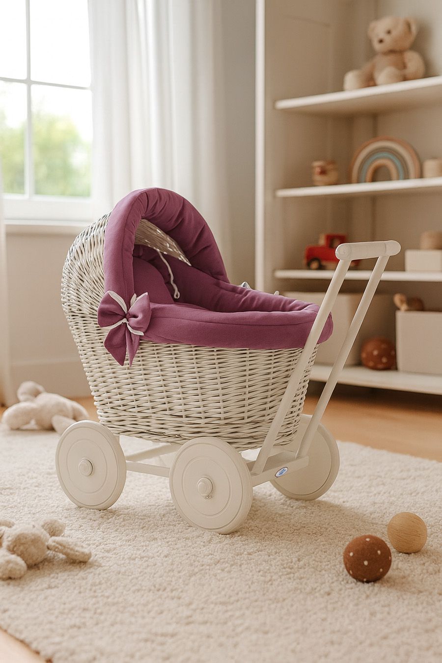 Wicker doll pushchair white with bedding dusty rose  and soft padding STELLA