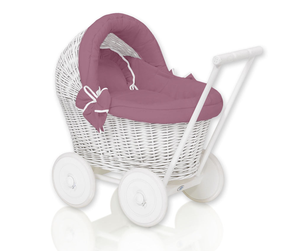 Wicker doll pushchair white with bedding dusty rose  and soft padding STELLA