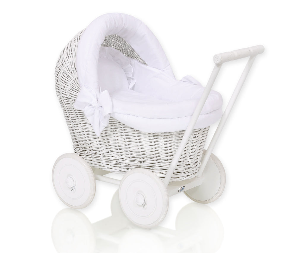 Wicker doll pushchair white with white bedding and soft padding STELLA