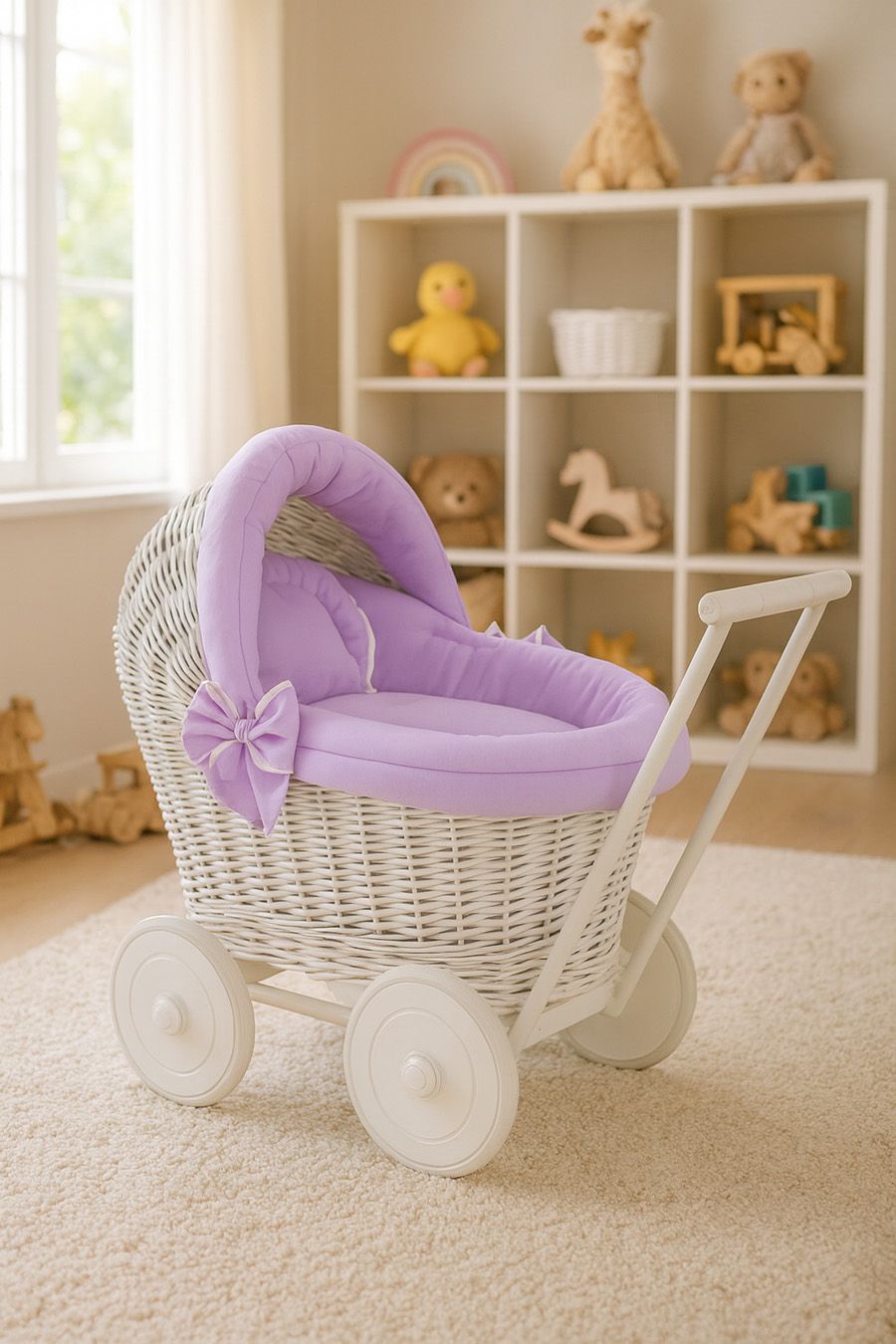Wicker doll pushchair white with lila bedding and soft padding STELLA