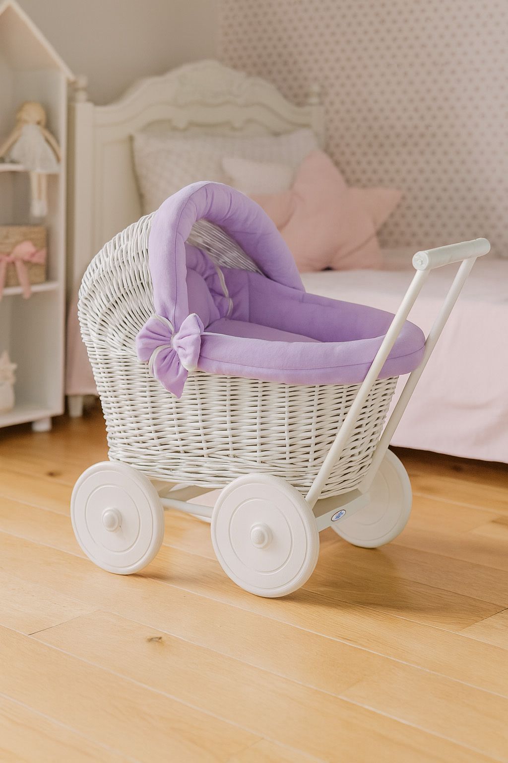Wicker doll pushchair white with lila bedding and soft padding STELLA