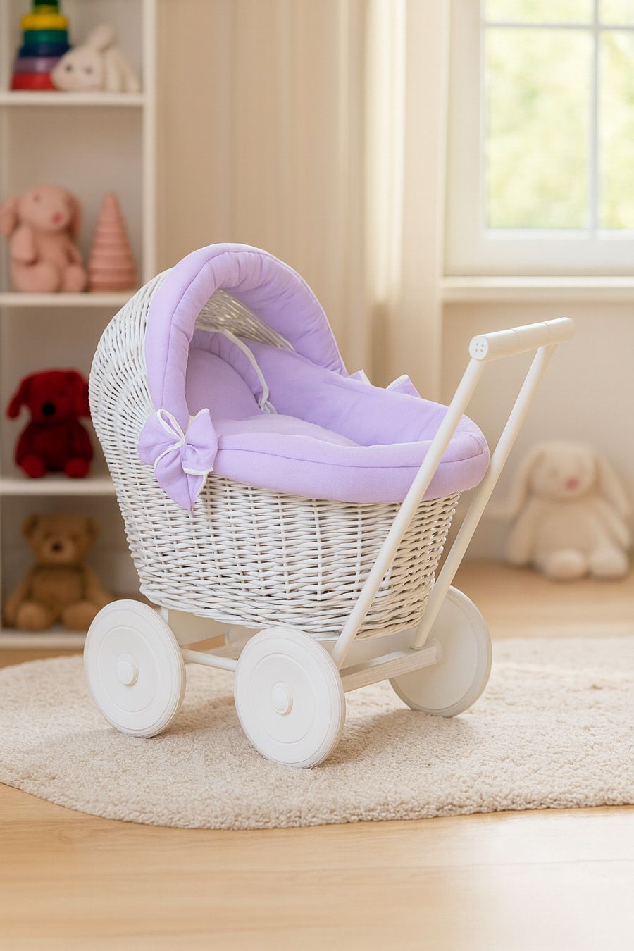 Wicker doll pushchair white with lila bedding and soft padding STELLA