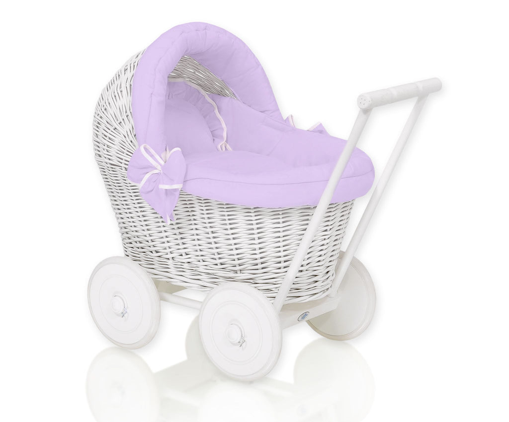 Wicker doll pushchair white with lila bedding and soft padding STELLA