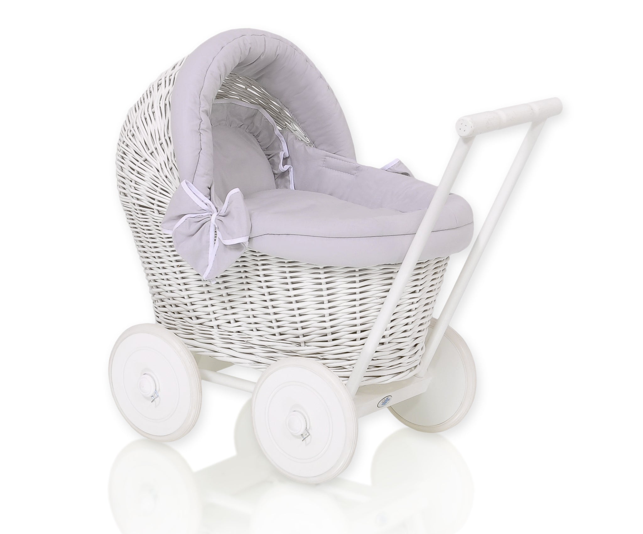 Wicker doll pushchair white with grey bedding and soft padding STELLA