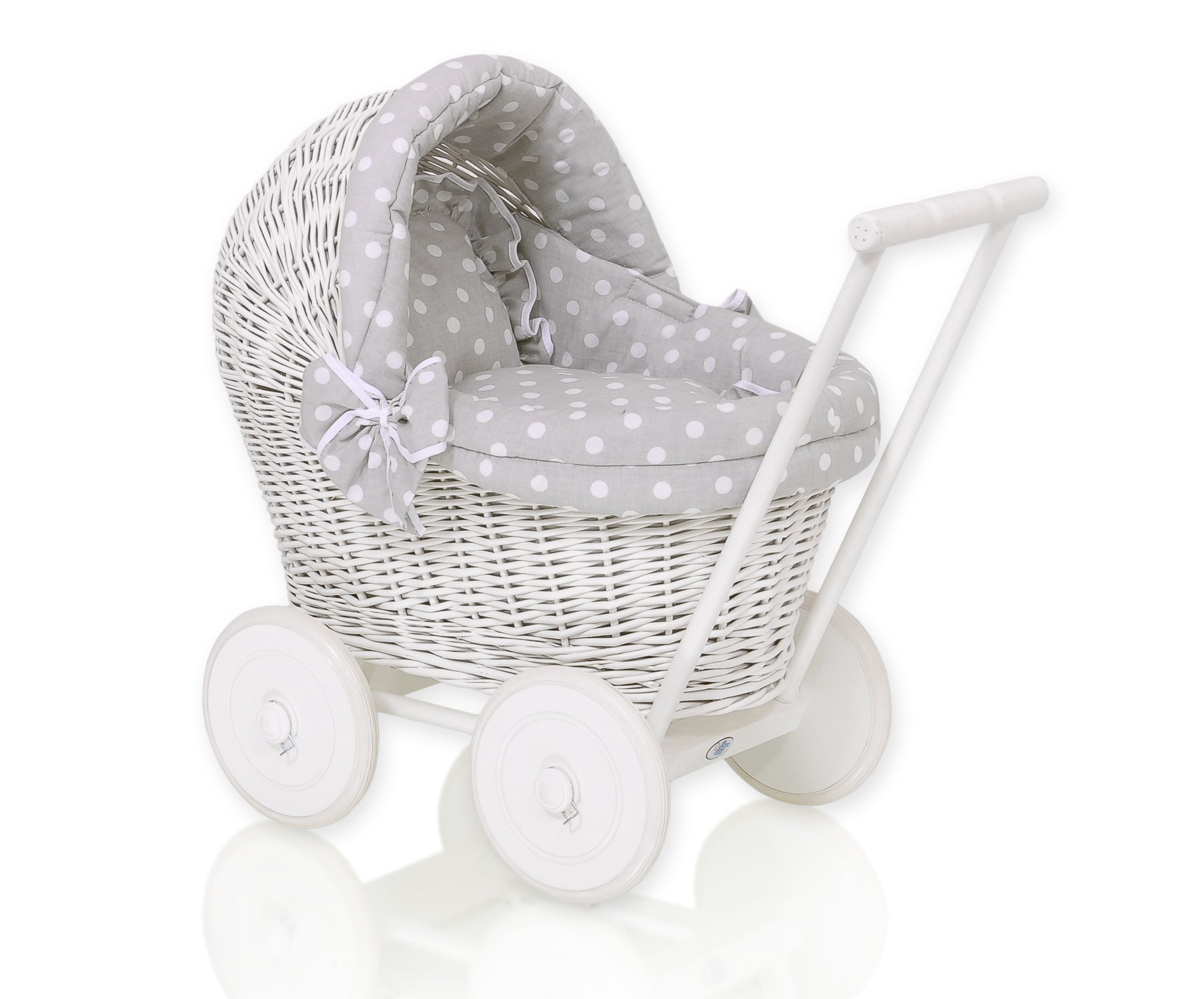 Wicker doll pushchair white with grey bedding and soft padding STELLA