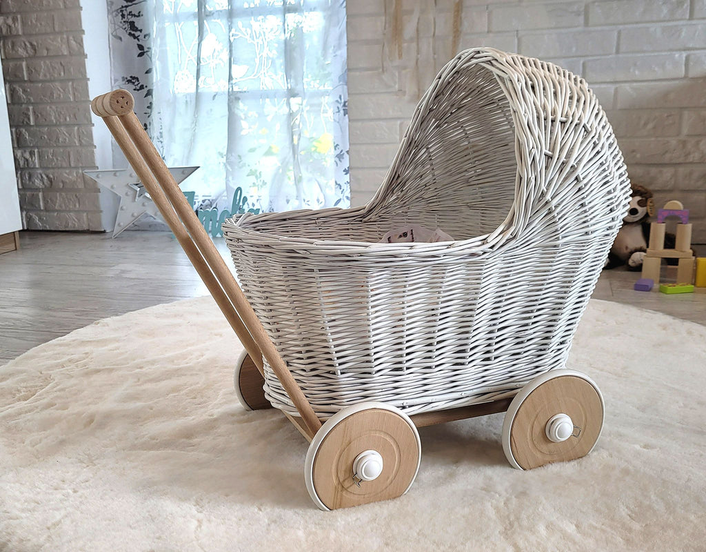 Wicker doll pushchair - white
