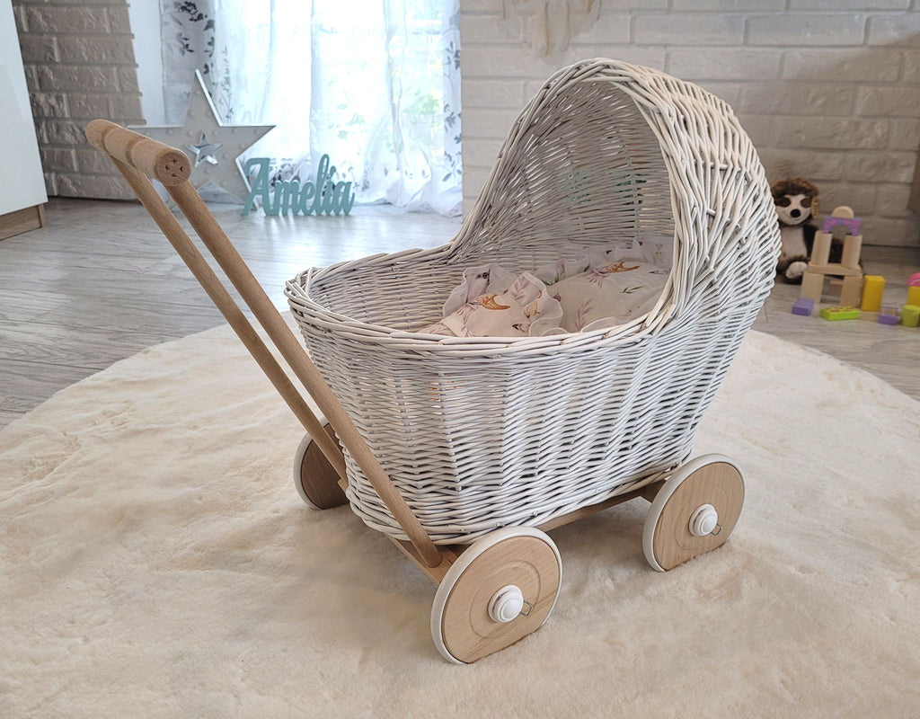 Wicker doll pushchair - white