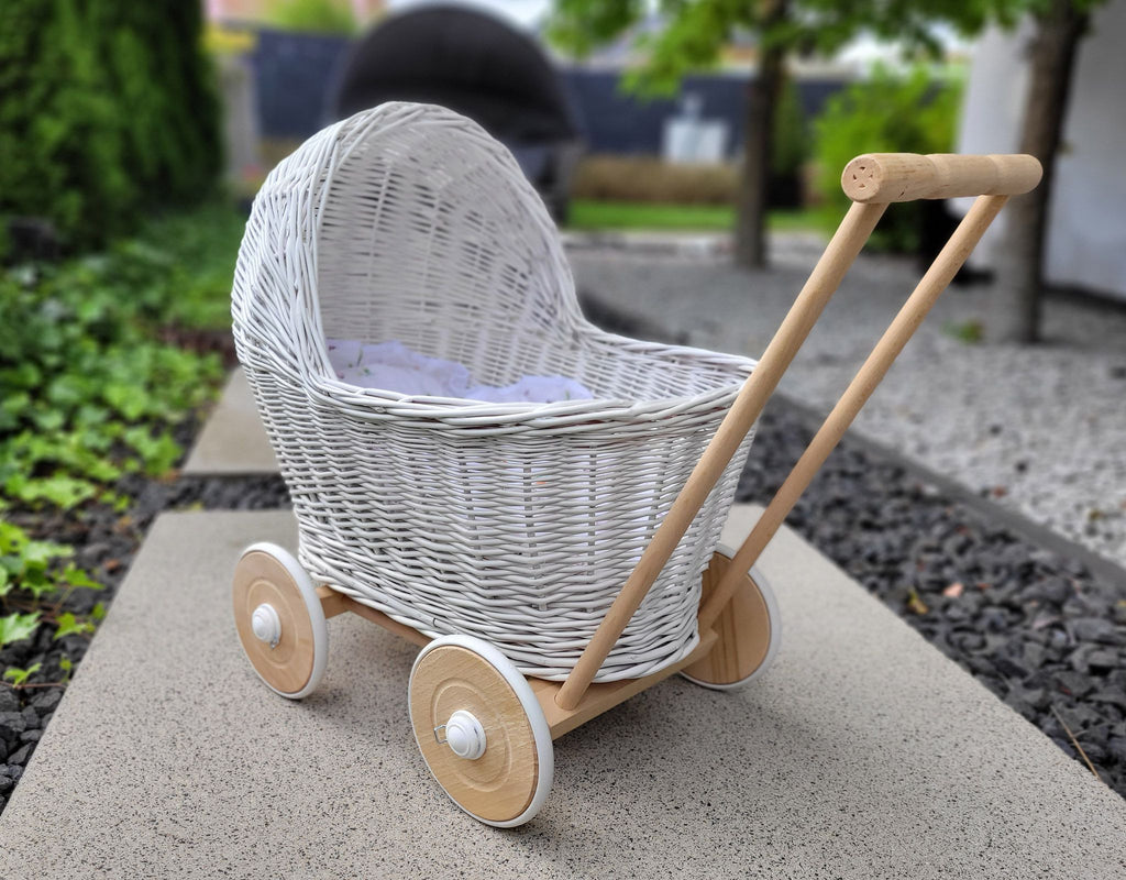 Wicker doll pushchair - white