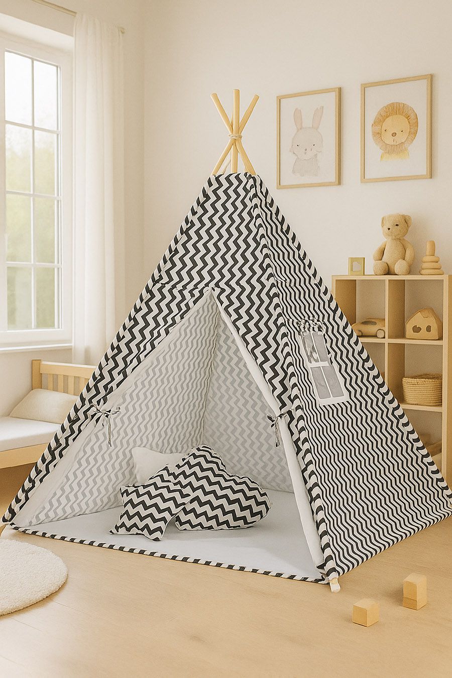 Teepee tent for kids + decorative feathers - Chevron black