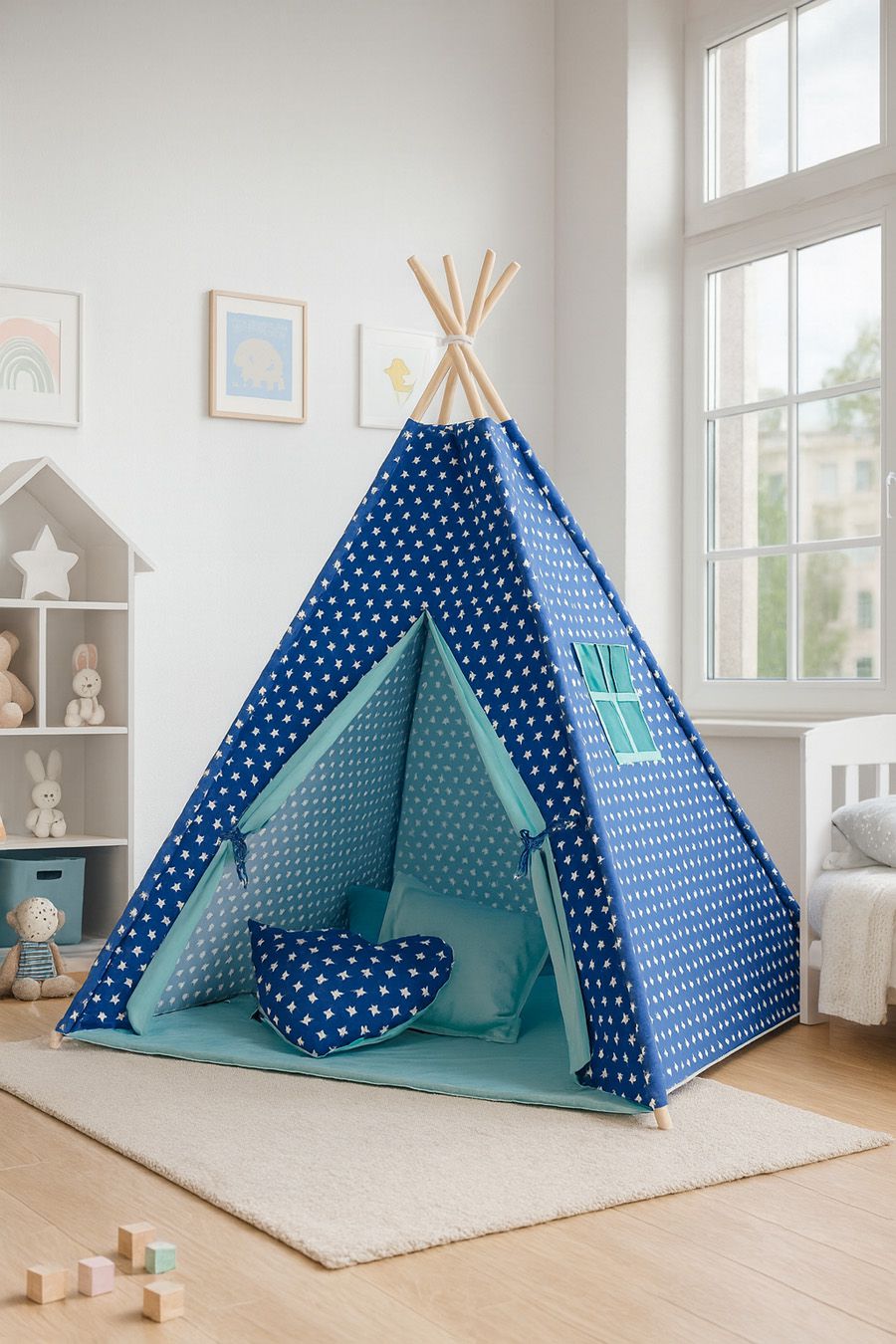 Teepee tent for kids + decorative feathers - navy blue stars