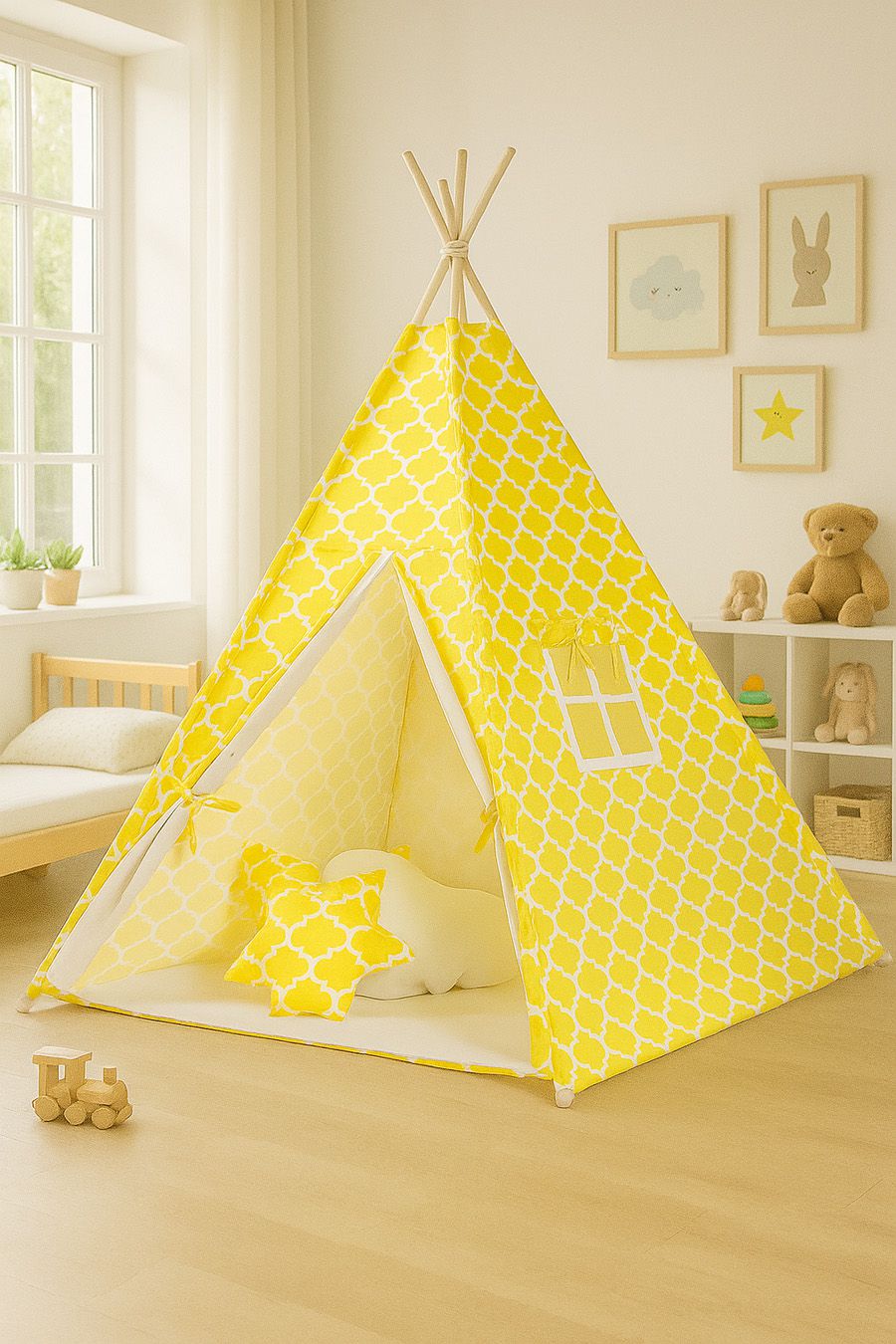 Teepee tent for kids + playmat + pillows + decorative feathers - Marocco yellow