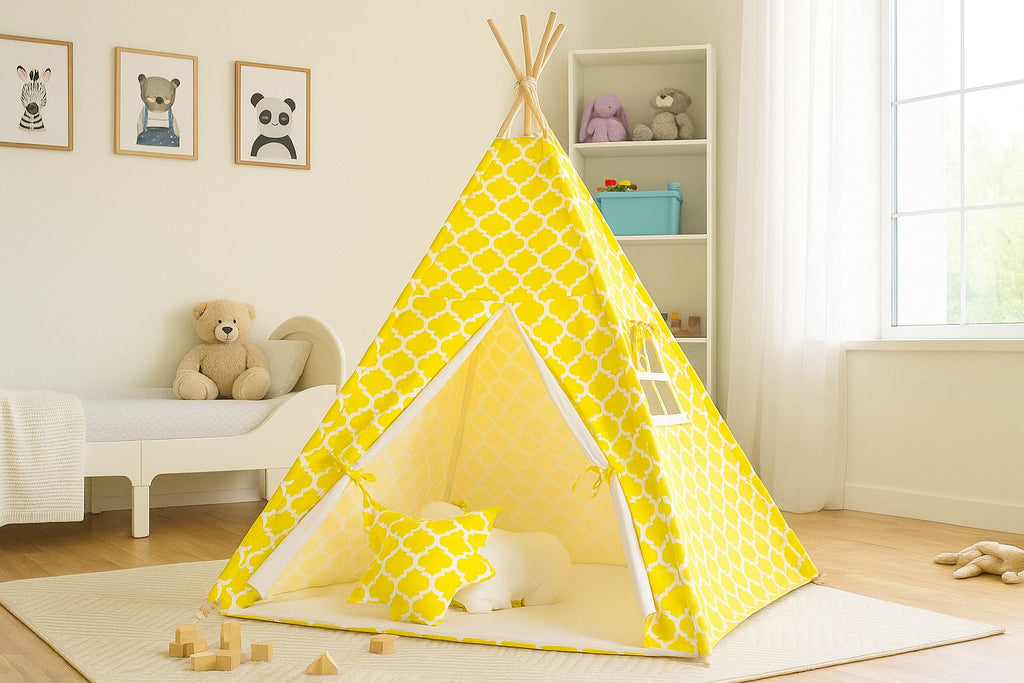 Teepee tent for kids + playmat + pillows + decorative feathers - Marocco yellow