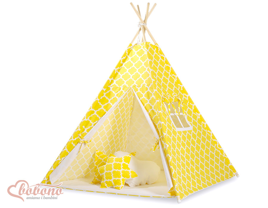 Teepee tent for kids + playmat + pillows + decorative feathers - Marocco yellow