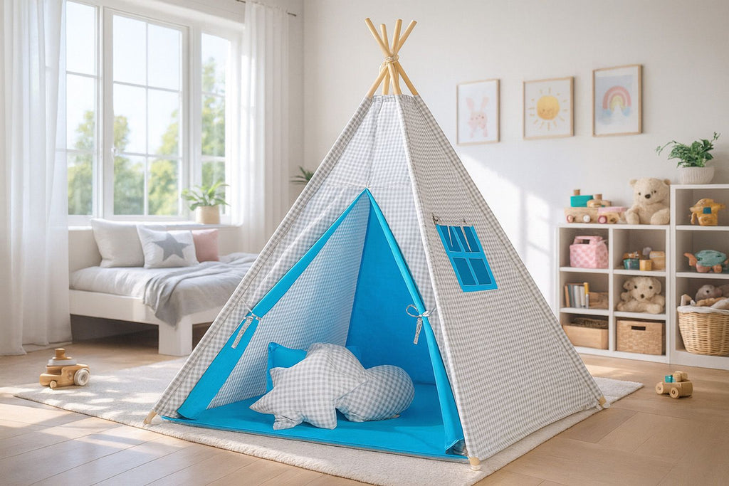 Teepee tent for kids + decorative feathers - Grey checkered- turquoise
