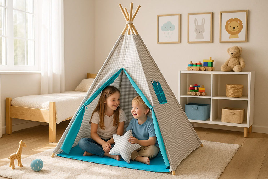 Teepee tent for kids + decorative feathers - Grey checkered- turquoise