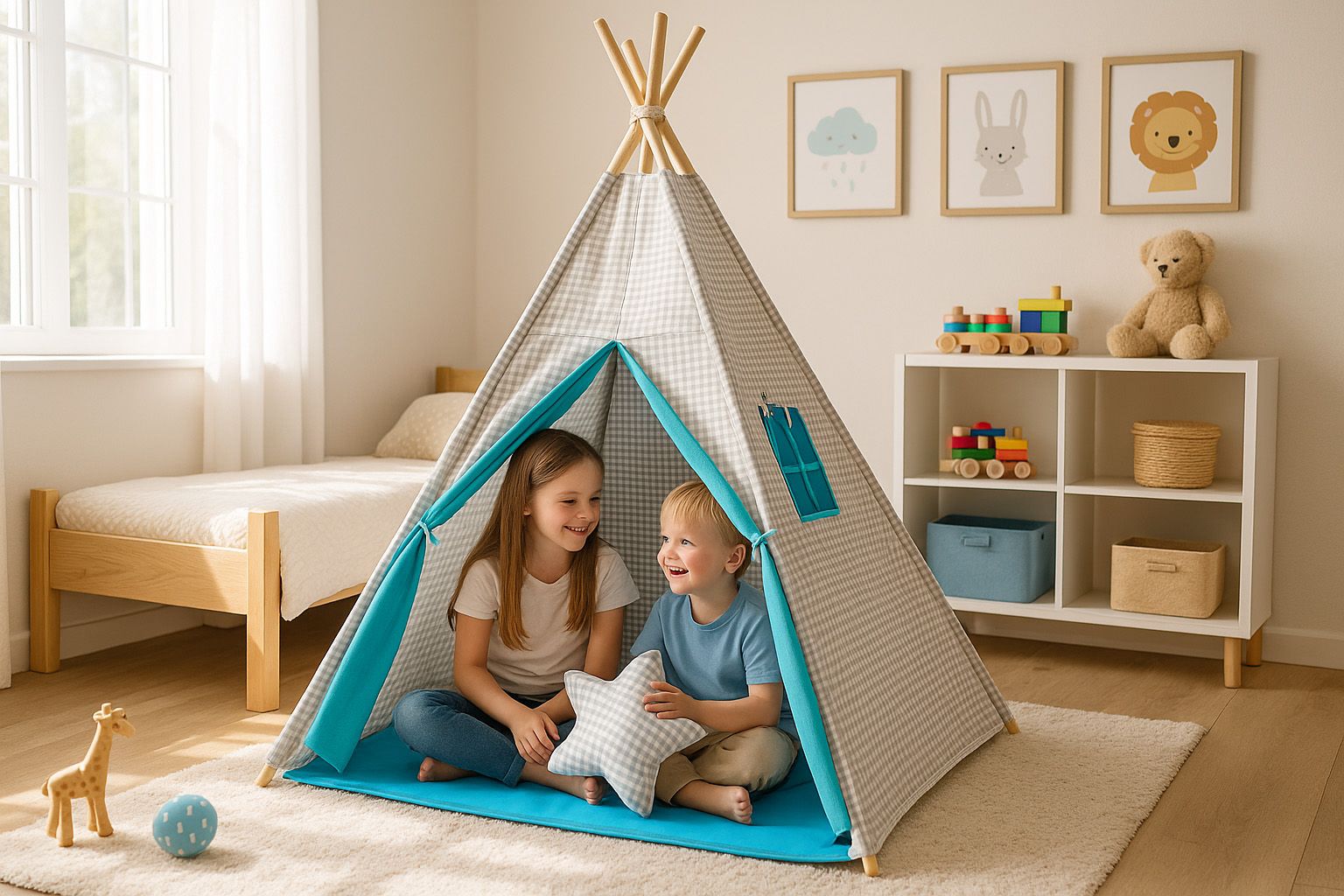 Teepee tent for kids + decorative feathers - Grey checkered- turquoise
