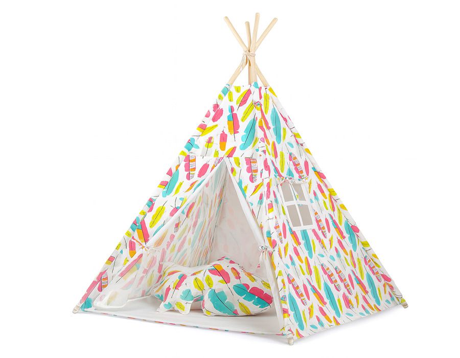 Teepee tent for kids + playmat + pillows + decorative feathers - Colorful feather