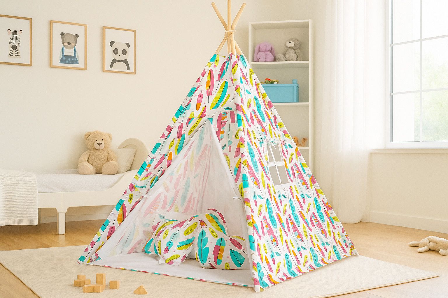 Teepee tent for kids + playmat + pillows + decorative feathers - Colorful feather
