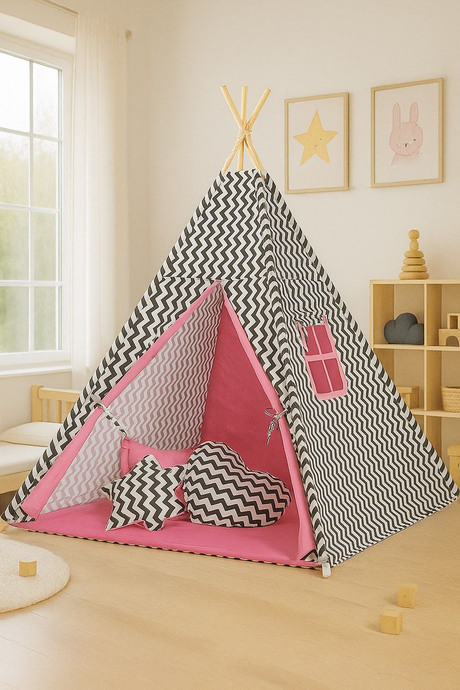 Teepee tent for kids + playmat + pillows + decorative feathers - Chevron black/ pink