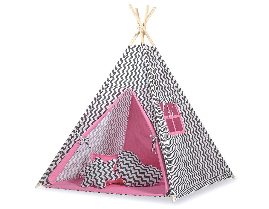 Teepee tent for kids + playmat + pillows + decorative feathers - Chevron black/ pink