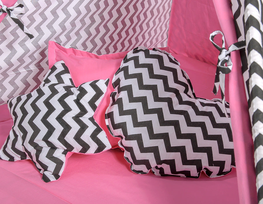 Teepee tent for kids + playmat + pillows + decorative feathers - Chevron black/ pink