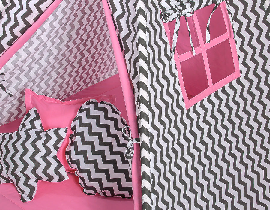 Teepee tent for kids + playmat + pillows + decorative feathers - Chevron black/ pink