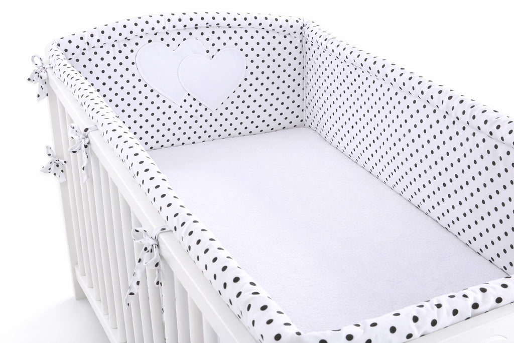 Universal crib rail bumper XXL - Hearts black dots on white